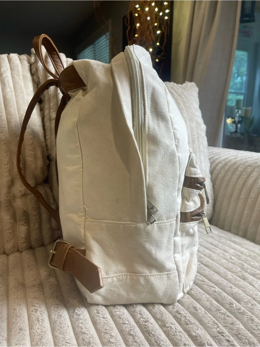 Canvas Backpack Cream White Brown Faux Leather Trim Travel School Bag